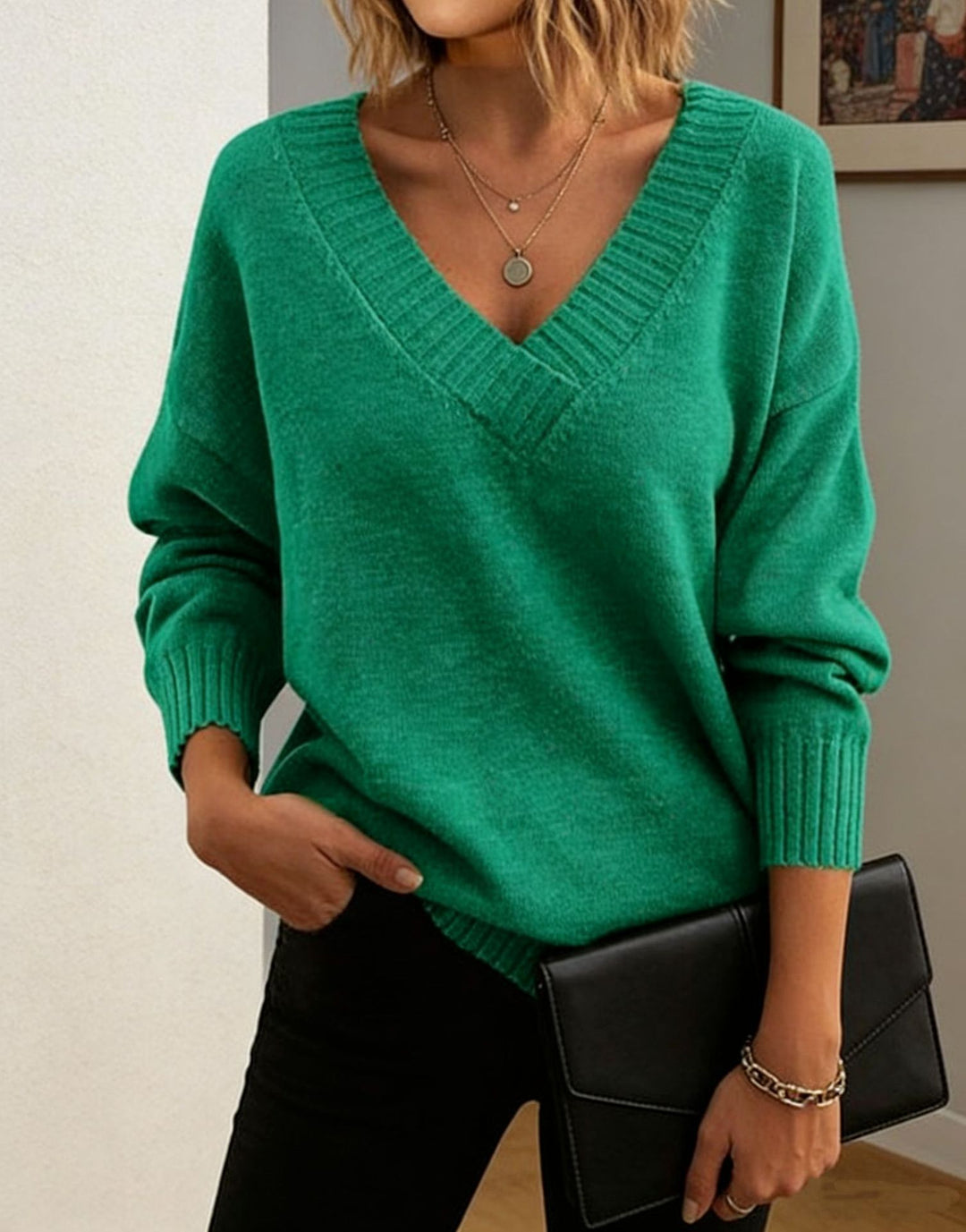 Women's fine knit sweater with deep V-neck and dropped shoulder Mune Fashion
