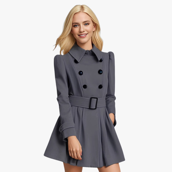 Women's tailored double-breasted coat with flared skirt, tailored belt, and structured shoulders Mune Fashion