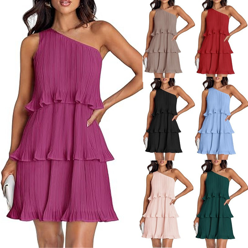 Women's Sleeveless Pleated Tiered Dress with Asymmetrical Shoulder Mune Fashion