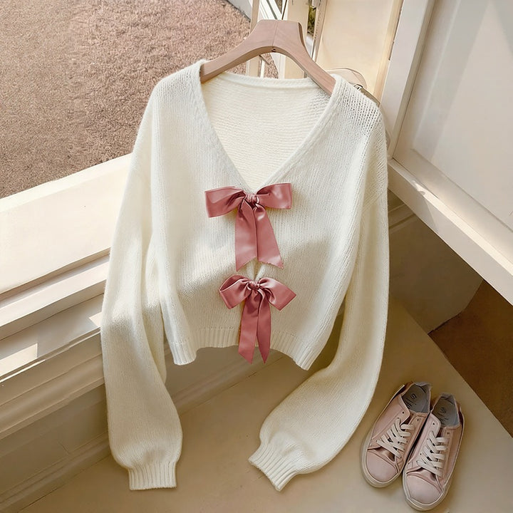 Women Cropped Knit Sweater with Bow Mune Fashion