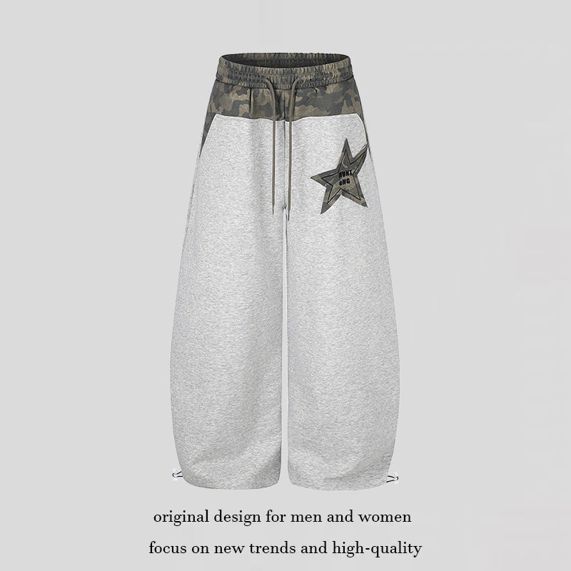 Women's Extra Wide Culotte Sweatpants with Camouflage Waistband and Star Patch Mune Fashion