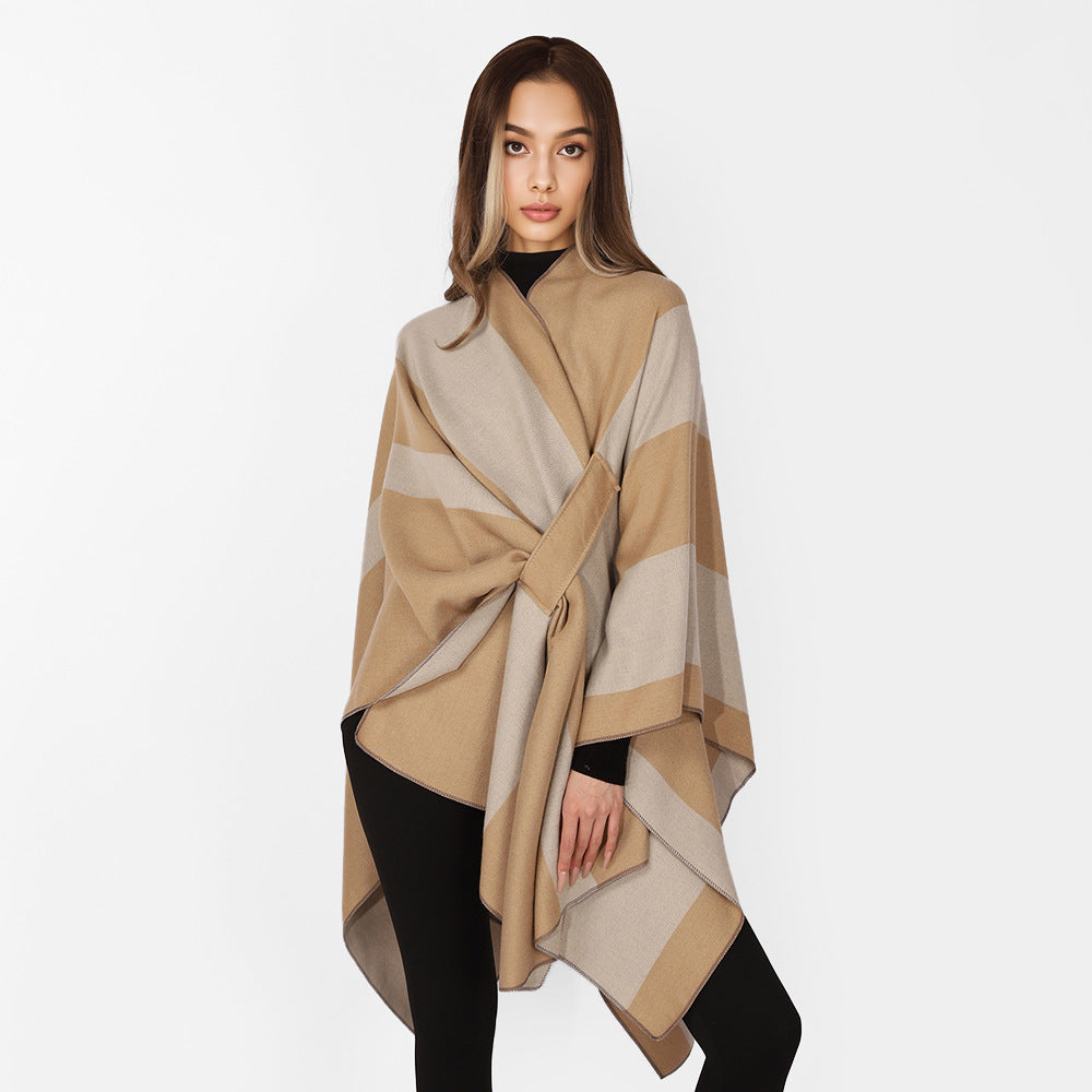 Women's Oversize Cape with Block Stripes and Tied Belt Mune Fashion