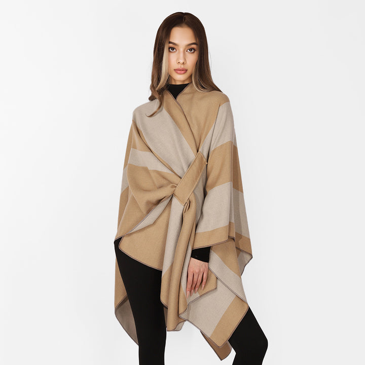 Women's Oversize Cape with Block Stripes and Tied Belt Mune Fashion