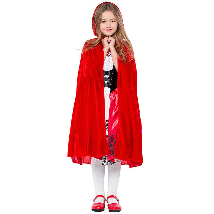 Girl Fairy Tale Little Red Riding Hood Costume with Cape and Ruffles Mune Fashion