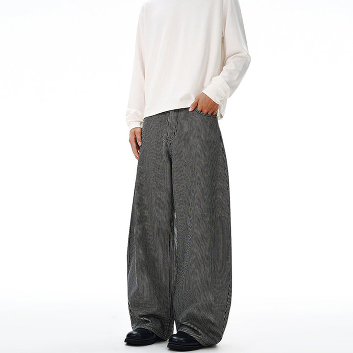 Men's Floor-Length Oversized Pants with Extremely Wide Legs and Fine Pinstripe Design Mune Fashion