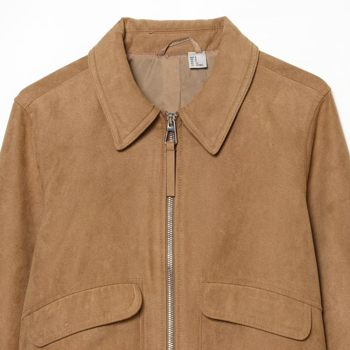 Women's Short Jacket in Suede Look Bomber with Zipper, Flap Pockets and Ribbed Cuffs Mune Fashion