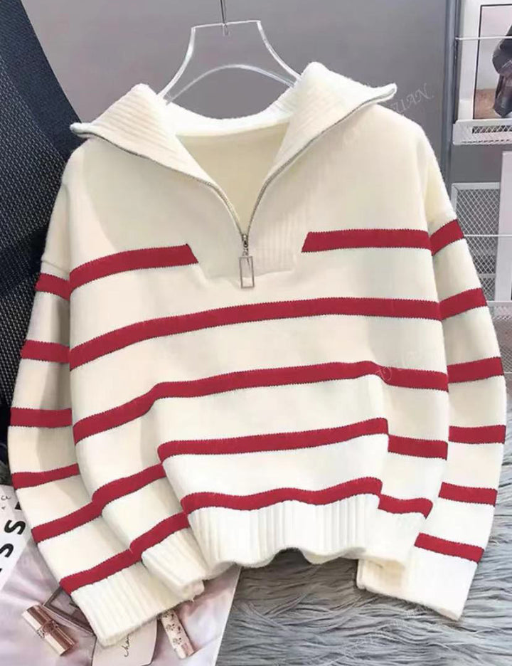 Women's Striped Half-Zip Knit Sweater with Ribbed Collar Mune Fashion