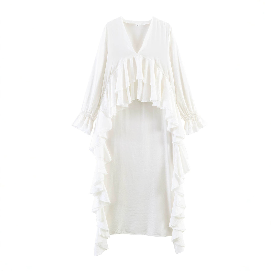 Women's maxi dress with asymmetric ruffle trim, V-neck and long ruffle sleeves Mune Fashion