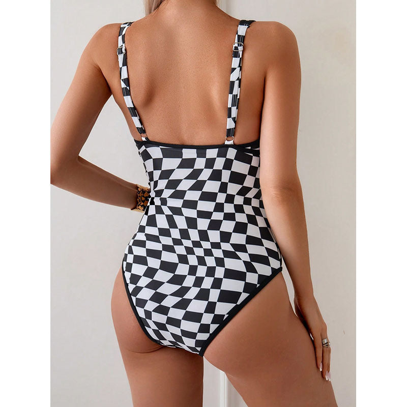 Women's one-piece swimsuit with modern check pattern Mune Fashion