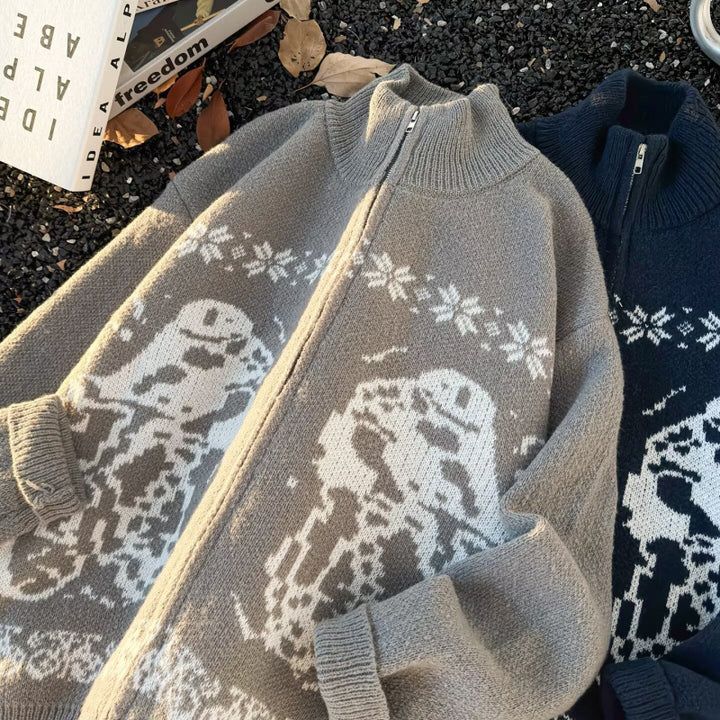 Unisex oversized cardigan with full zipper, high rib collar, and owl intarsia Mune Fashion
