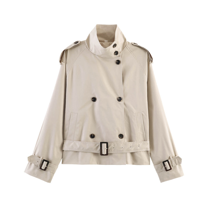 Women 20+ short double-breasted trench jacket in boxy cut with stand-up collar shoulder epaulets and adjustable waist belt Drune