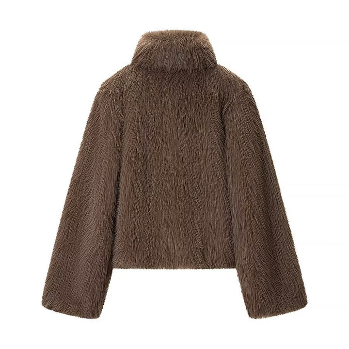 Women's Short Faux Fur Jacket with High Stand Collar and Oversized Silhouette Mune Fashion