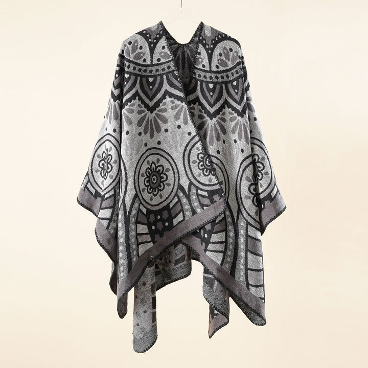 Women's wool blend cape poncho with ornamental jacquard structure and open fall Mune Fashion