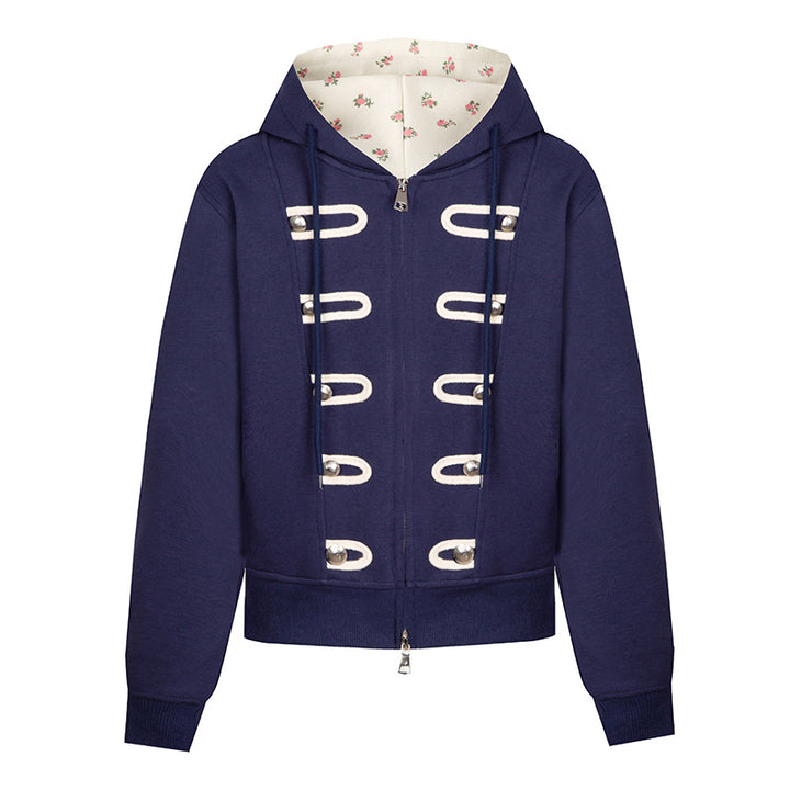 Women's hooded sweat jacket with decorative loops and metal button details Mune Fashion