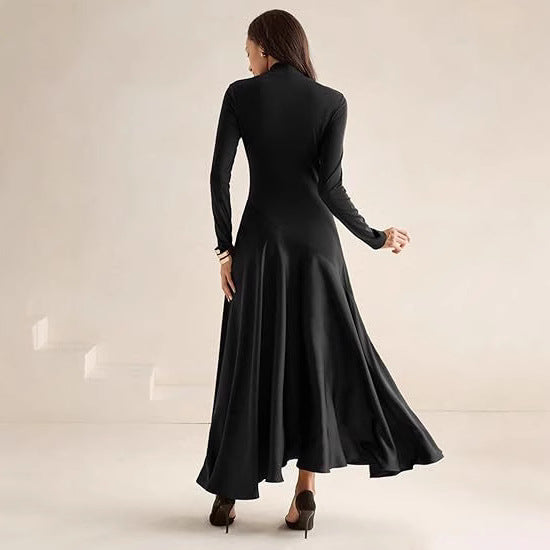 Women Elegant Long Sleeve Maxi Dress with High Neck and Flowing Skirt Mune