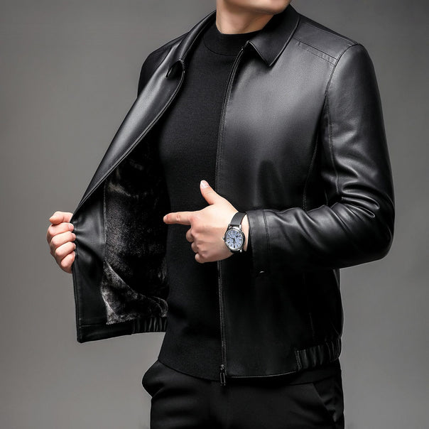 Men's leather jacket with warming fur lining, shirt collar and zipper Mune Fashion