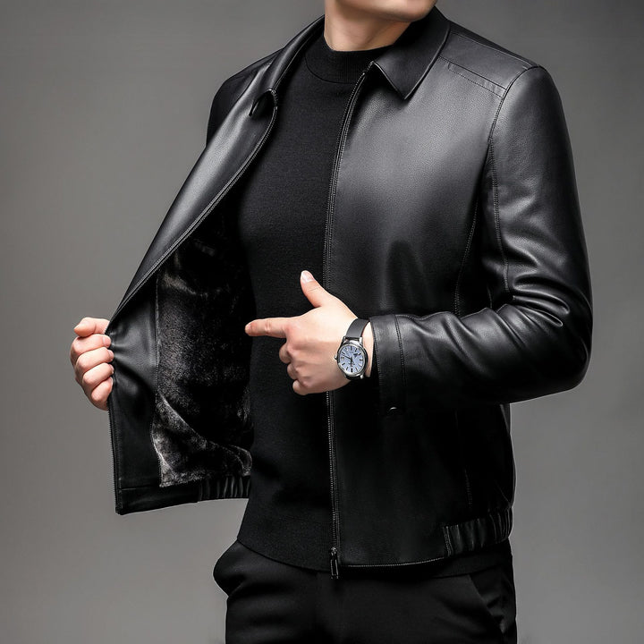 Men's leather jacket with warming fur lining, shirt collar and zipper Mune Fashion