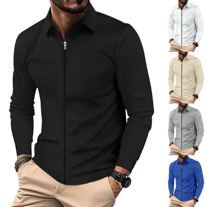 Men's structured long-sleeve polo in waffle knit with shirt collar and narrow shoulder section Mune Fashion