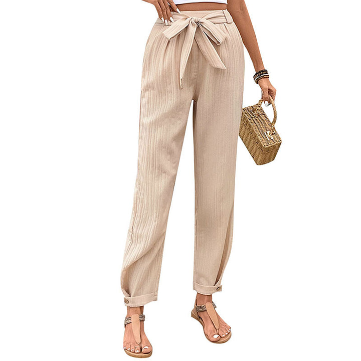 Women's Lightweight Paperbag Pants with Waist Tie, Straight Leg and Cuffed Hem Mune Fashion