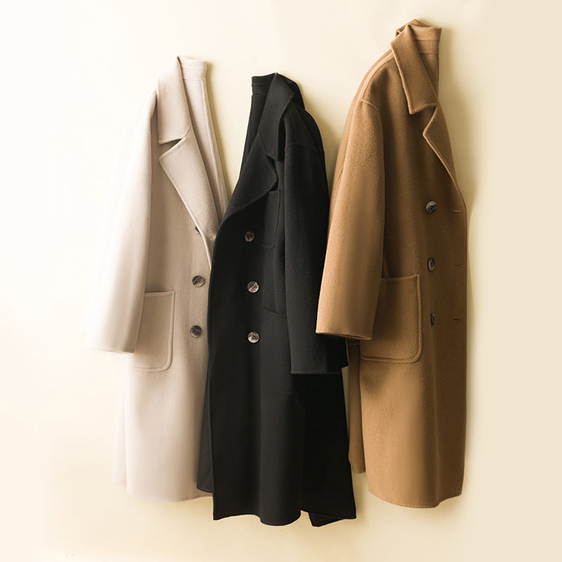 Women's Oversized Double-Breasted Wool Blend Coat with Patch Pockets Mune Fashion