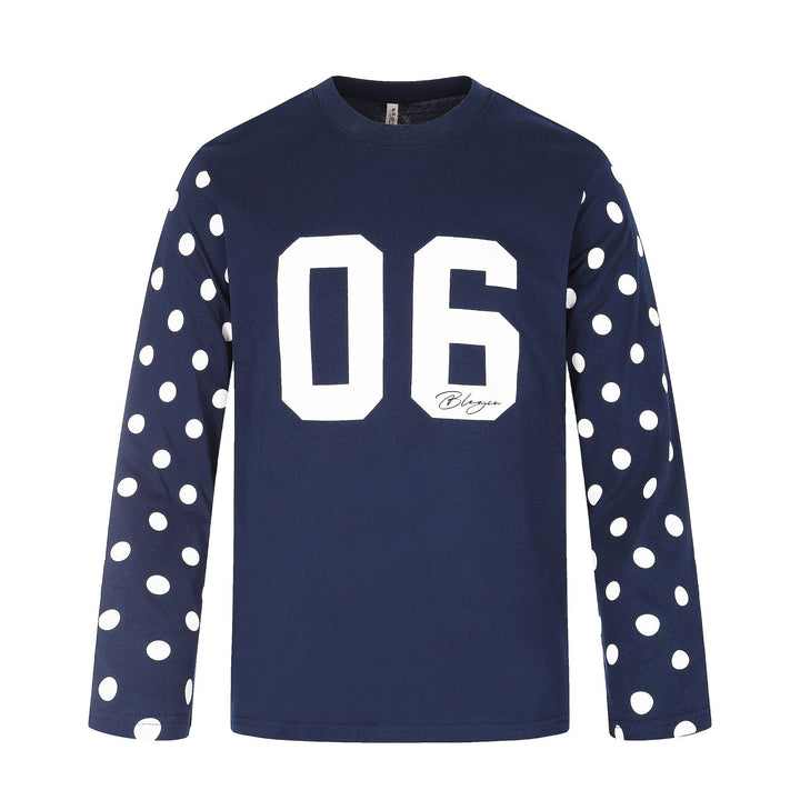 Ladies Long Sleeve Statement Shirt with Polka Dot Sleeves and Number Print Mune Fashion
