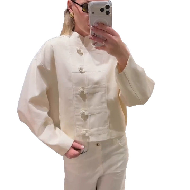 Women's Short Boxy Jacket with Mandarin Collar and Decorative Knot Button Placket Mune Fashion