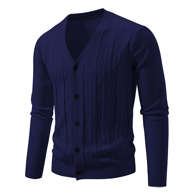 Men's V neck cardigan with subtle cable knit texture and continuous button placket Mune Fashion