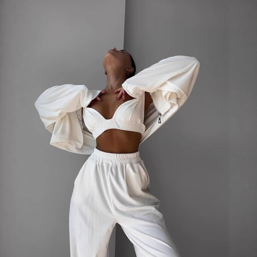 Women Cropped Velvet Zip Hoodie with Flared Sleeves and Flowing High-Waist Lounge Pants Mune Fashion