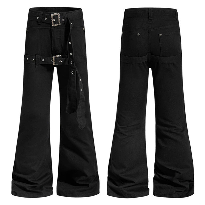 Women's High-Waist Flared Cargo Pants with Wide Leg, Double Belt and Metal Eyelets Mune Fashion