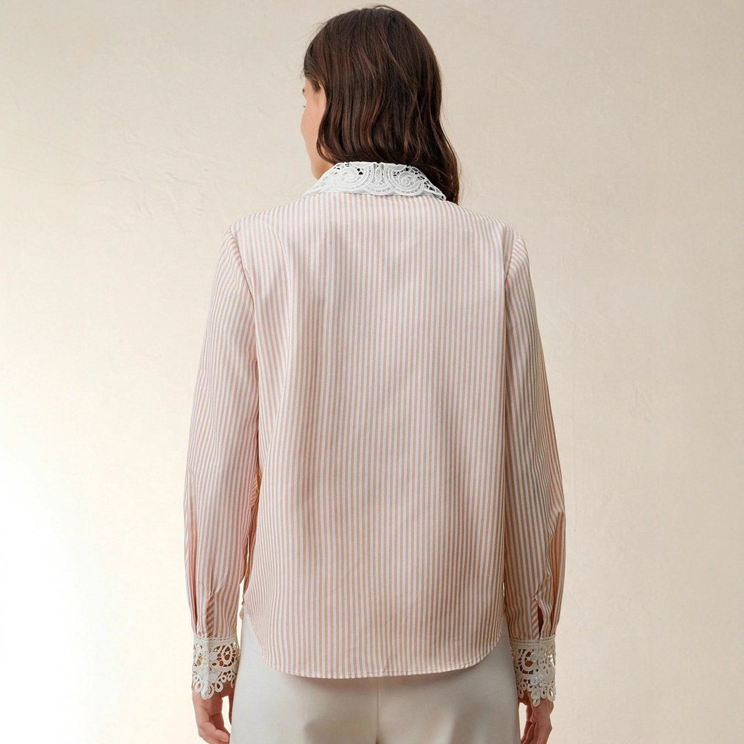 Women's Striped Blouse with Lace Collar and Lace Inserts Mune Fashion