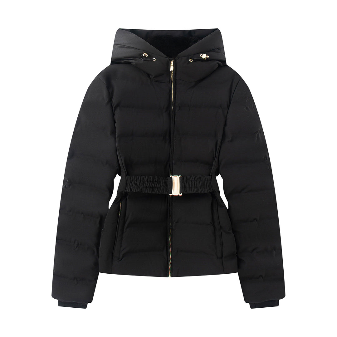 Women's tailored quilted winter jacket with hood, elastic waist belt, and thermal synthetic filling Mune Fashion