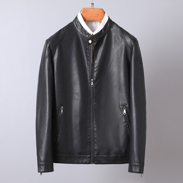 Men's Minimalist Faux Leather Blouson with Stand Collar and Side Zipper Pockets Mune Fashion