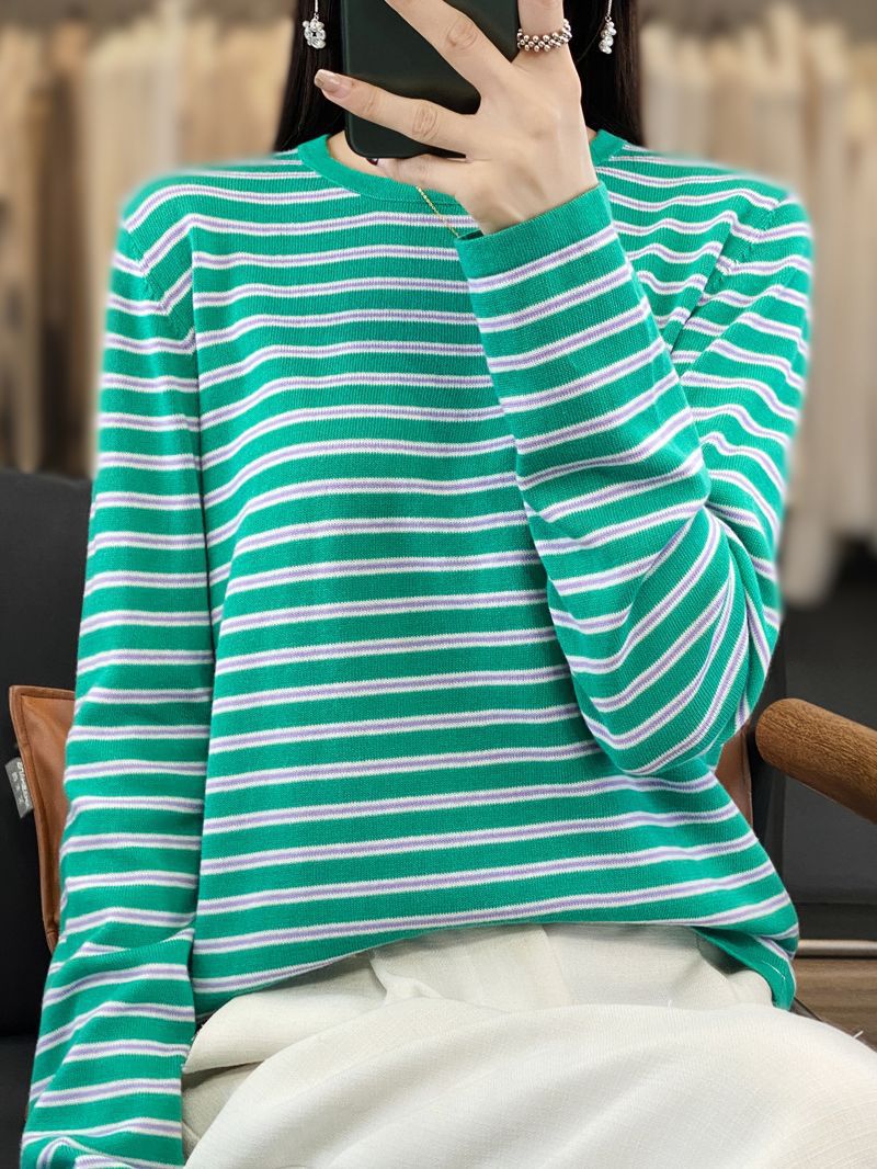 Women Light Cotton Blend Stripe Sweater with Round Neck, Raglan Sleeves and Casual Silhouette Mune Fashion
