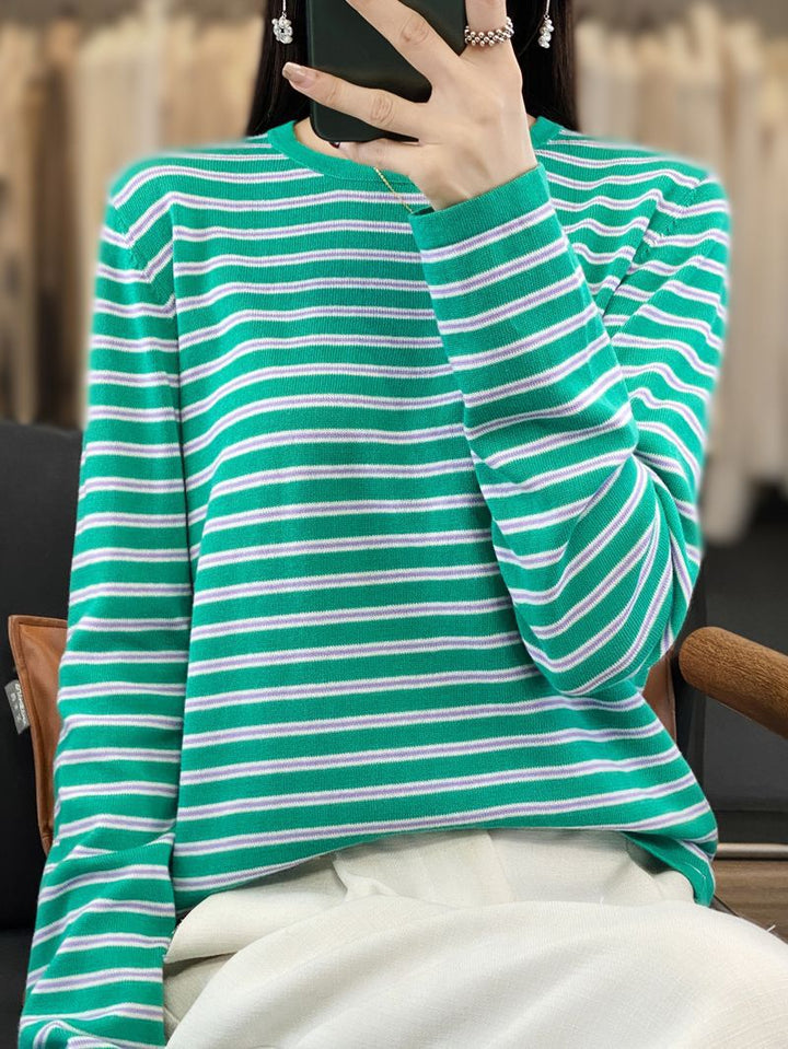 Women Light Cotton Blend Stripe Sweater with Round Neck, Raglan Sleeves and Casual Silhouette Mune Fashion