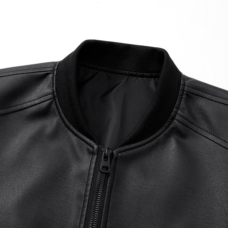 Men's leather bomber jacket with narrow stand-up collar, concealed zipper, and minimalist decorative seams Mune Fashion