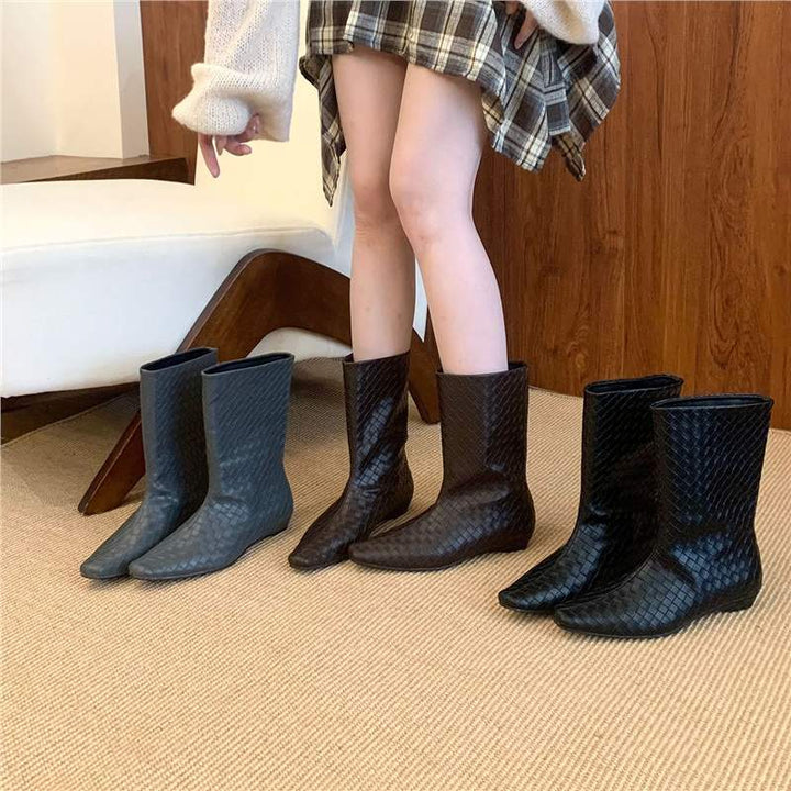 Women Braided Mid-Calf Boots with Pointed Toe Shape and Flat Block Heel Mune Fashion