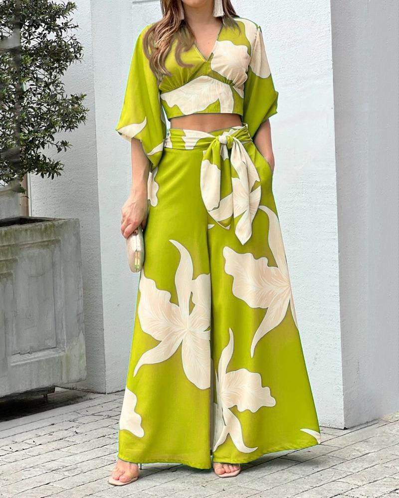 Women's Two-Piece Summer Set with Wrap Crop Top and High-Waist Palazzo Pants EB