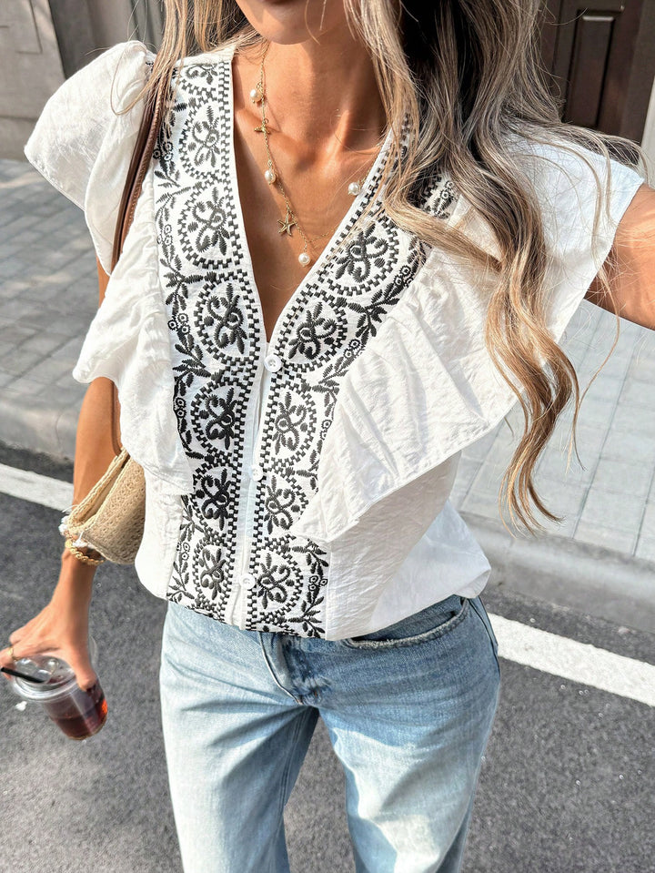 Ladies Embroidered Blouse with V-Neck, Button Placket and Ruffle Sleeves Mune Fashion