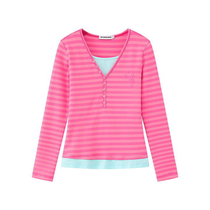 Women’s Layered Long Sleeve Shirt with Henley Button Placket and Contrasting Underlayer Mune Fashion