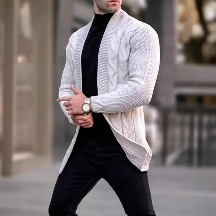 Men's Longline Knitted Cardigan with Shawl Collar, Cable and Pearl Patterns Mune Fashion