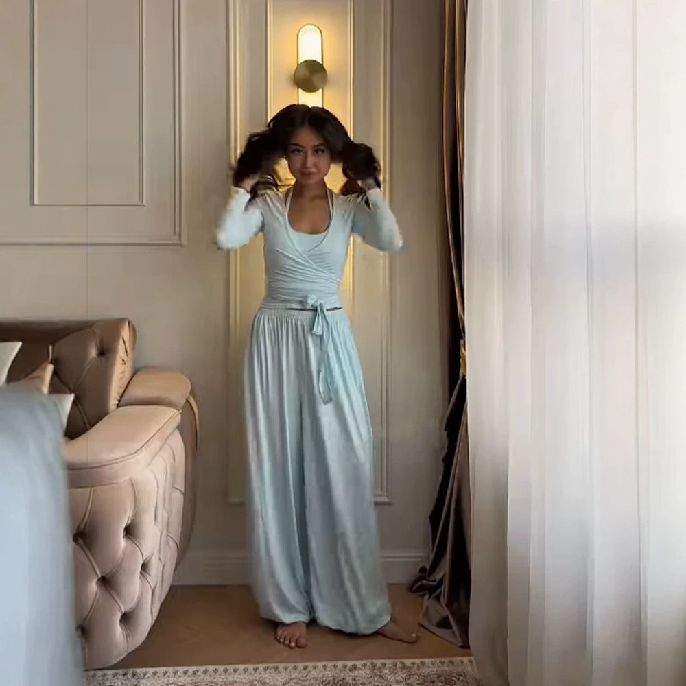 Women's loungewear set with wrap cropped top and wide palazzo pants Mune Fashion