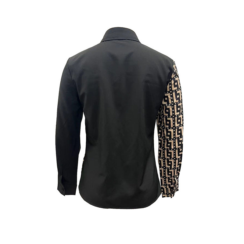 Women's fitted shirt blouse with geometric print and asymmetrical contrast trim Mune Fashion