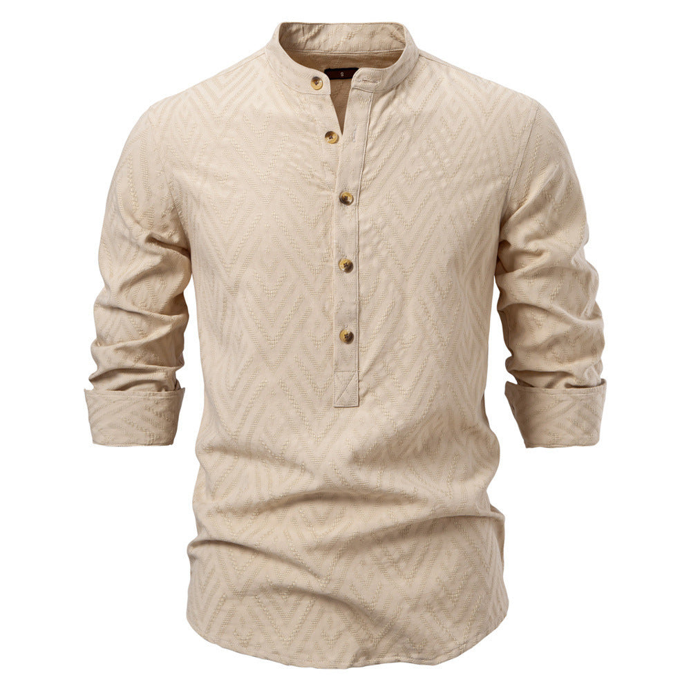 Men's jacquard shirt with stand-up collar, half button placket, and wood-look buttons Mune Fashion