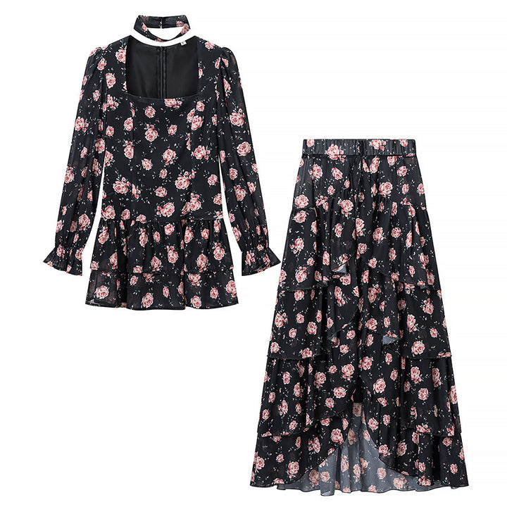 Women’s Two-Piece Chiffon Set – Tailored Ruffle Blouse with Square Neckline, Choker and Tiered Wrap Maxi Skirt Mune Fashion