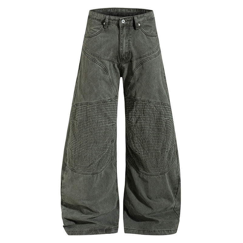 Women High-waisted wide Denim culotte pants with reinforced ribbed knee panels and patch stitching Mune Fashion