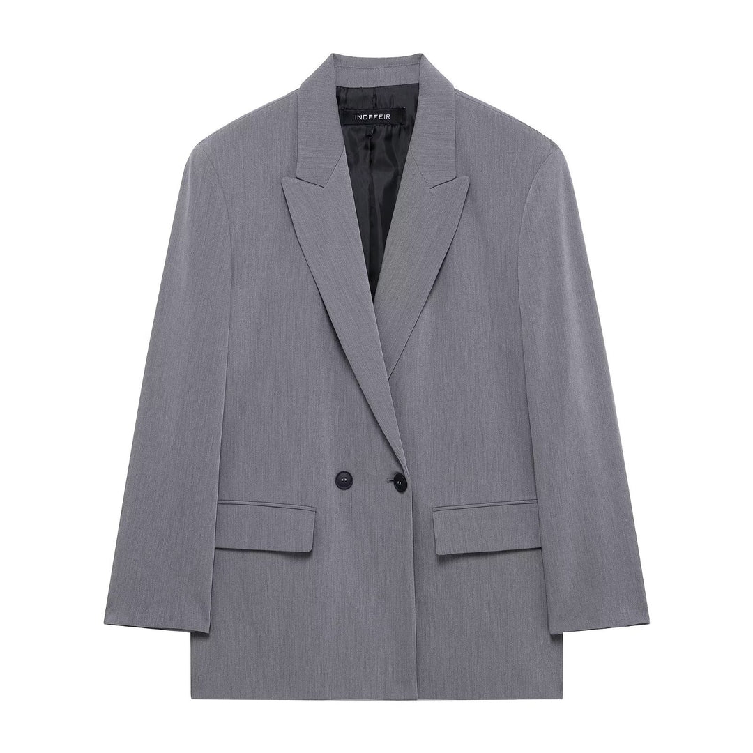 Women's Long Double-Breasted Blazer Coat with Oversized Cut and Flap Pockets Mune Fashion