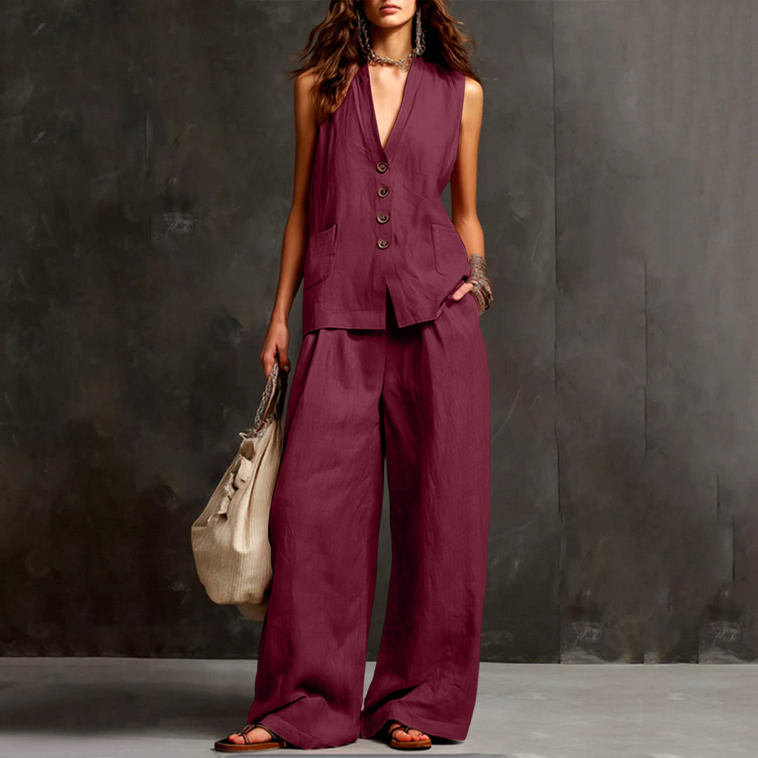 Women's Sleeveless Longline Waistcoat and Palazzo Pants Set in Linen Look Mune Fashion