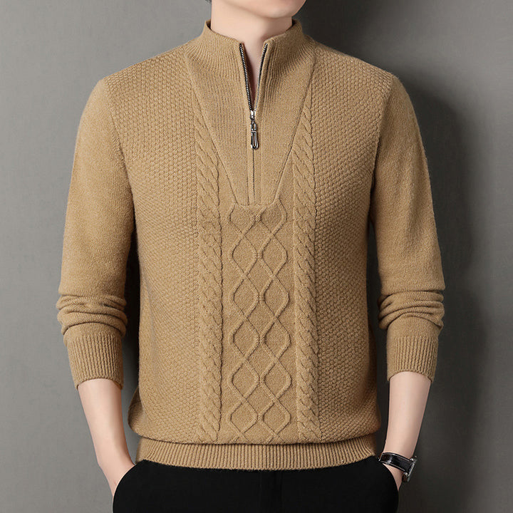Men's fine knit half zip pullover with cable structure and stand-up collar Mune Fashion