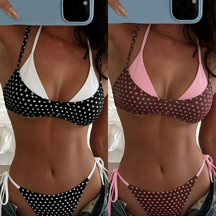 Women’s triangle bikini with playful polka dot pattern and adjustable tie straps Mune Fashion