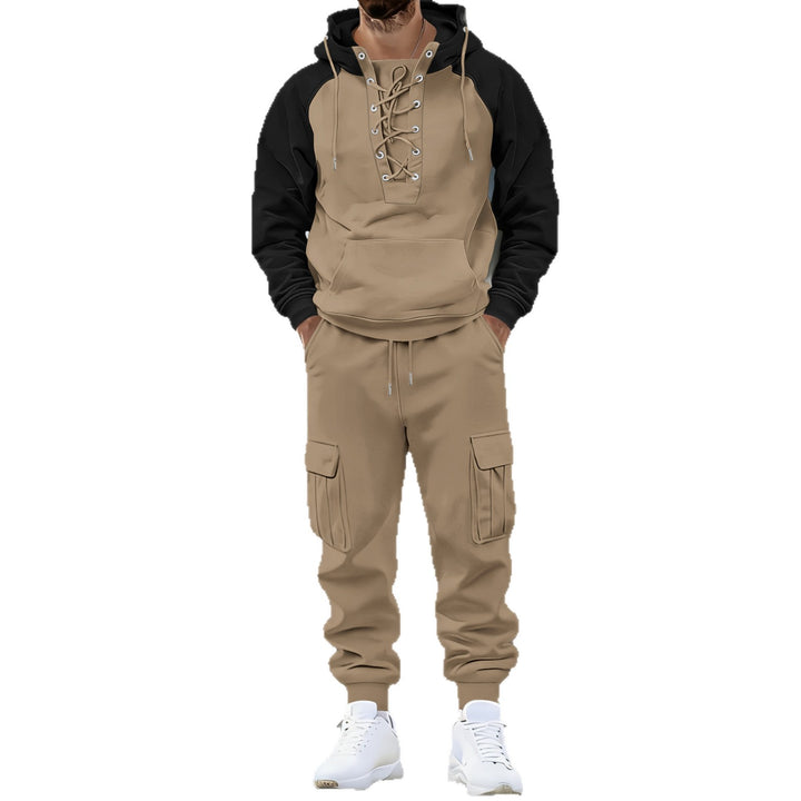 Men's hooded sweatshirt with front laced placket, raglan sleeves, and kangaroo pocket Mune Fashion